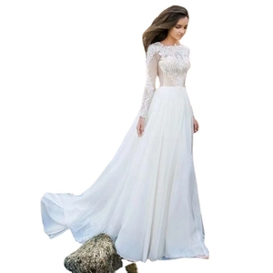 Elegant white lace long sleeve wedding dress with sheer embroidery and chiffon skirt