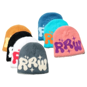 Faux mink fur beanie with RRW letter embroidery in various vibrant winter colors