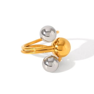 Detail of two-tone stainless steel ring with polished gold and silver spherical accents