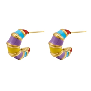 Retro multi-colored enamel bamboo joint C-shape hoop earrings in golden stainless steel