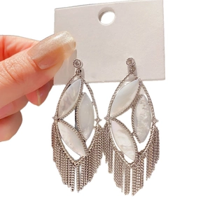 Bohemian silver tassel earrings with marquise mother of pearl and long chain fringe