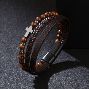 Multilayer Bracelet PU Leather Tiger Eye Natural Stone Alloy Cross Pendant Vintage Braided Jewelry Magnetic Clasp