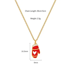 Detailed view of red glove pendant necklace with heart motif and 39+5cm size specs