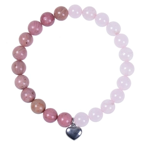 Detail of 8mm pink natural stone beaded bracelet with polished heart pendant