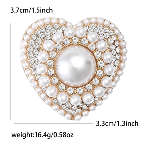 Detailed size chart of heart-shaped brooch with pearls and rhinestones 3.7x3.3cm