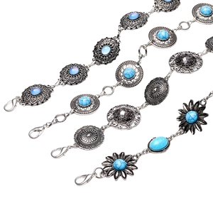 Silver vintage waist chain belts with bohemian floral engraving and inlaid gemstones