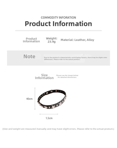 Detailed size chart of black leather choker featuring star studs and alloy hardware