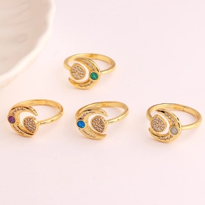 Minimalist vintage gold moon rings with natural opal stones and sparkling cubic zirconia
