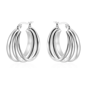 French vintage silver triple hoop earrings in polished stainless steel for women