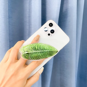 Green leaf cell phone grip and stand made of acrylic with realistic vein texture
