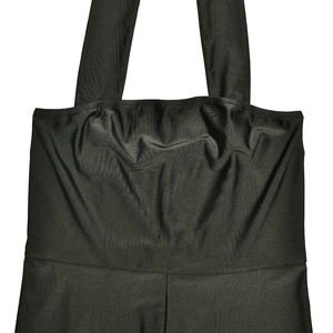 Detail of dark green halter bodysuit with glossy fabric texture and elegant pleated chest