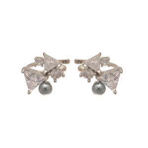 Elegant silver bow earrings with geometric triangle zircon and grey round pearls on white base