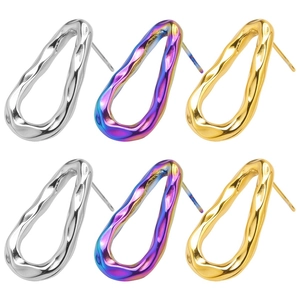 Detail of 304 stainless steel stud earrings in silver gold and iridescent wave texture