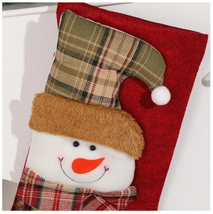 Close-up of 3D snowman Christmas stocking featuring soft plush textures and plaid hat details