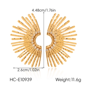 Détail de boucles d'oreilles dorées en forme d'éventail avec strass et dimensions