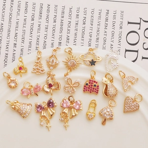 Zircon Inlaid Jewelry Charms 14K Gold Plated Pendants For DIY Necklace Bracelet Making Mushroom Bow Heart Planet Shapes
