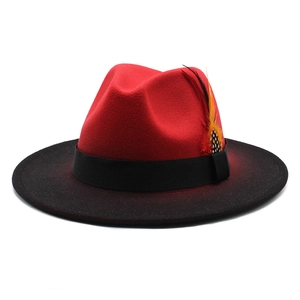 Vintage Gradient Color Feather Fedora Hat For Women Men Wide Brim Wool Felt Jazz Hat Fashion Outdoor Sun Protection Top Hat