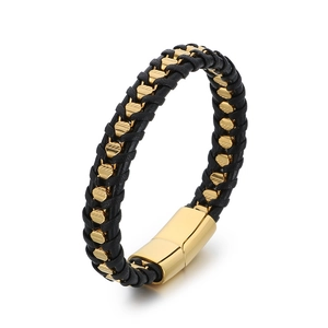 Men's braided black leather bracelet with embossed gold metal accents and magnetic clasp