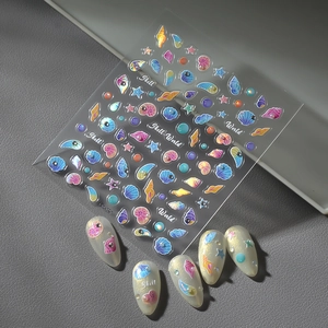 3D shell and starfish nail stickers with holographic effect on cream matte nails