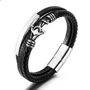 Men Multi-layer Cowhide Leather Braided Bracelet With Stainless Steel Anchor Charm Magnetic Clasp Fashion Jewelry