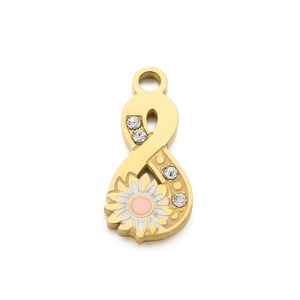 Golden infinity symbol pendant with white enamel flower and sparkling crystals