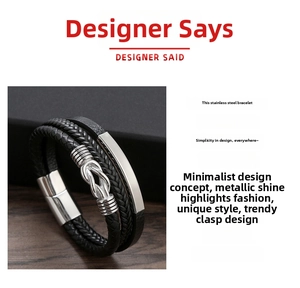 Detail of multi-layer woven leather bracelet with stainless steel clasp on wood