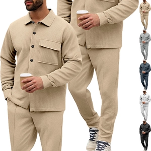 Men Casual Long Sleeve Lapel Shirt And Pants Outfits Waffle Knit Textured Solid Color Slim Fit Streetwear Autumn