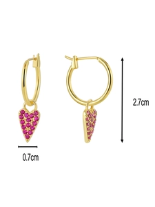 Detailed view of gold heart earrings with pink stones showing 2.7cm height and 0.7cm width