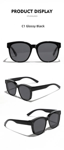 Detailed views of bright black large square TR90 polarized sunglasses from multiple angles