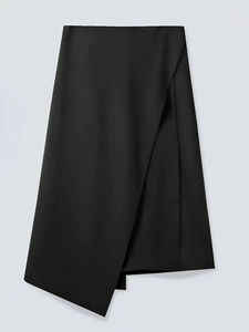 Minimalist high-waisted black midi skirt with asymmetric slit hem and woven texture