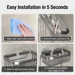 Wall-mounted dark grey matte bathroom tissue holder with four-step installation guide