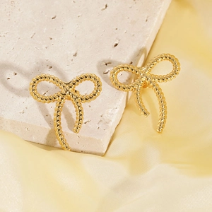 Elegant 18K gold-plated stainless steel butterfly bow earrings with rope texture finish