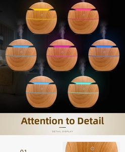 Detail display of wood grain humidifier showing seven vibrant LED light color options
