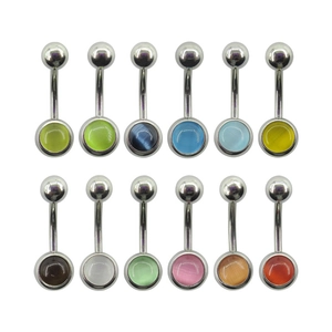 Detailed set of 12 colorful cat's eye stone navel rings with curved steel barbells