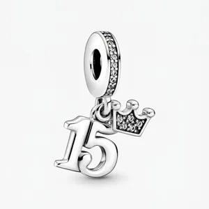 Silver number 15 charm pendant with sparkling crown and micro-pave zircons