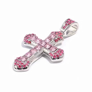 Hip hop silver cross pendant necklace with pink crystals and heavy rhinestone settings