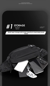 Vue détaillée du sac à bandoulière en nylon noir avec compartiments de rangement multicouches