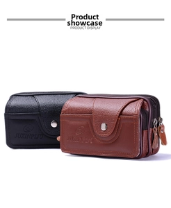 Close-up of black and dark brown PU leather waist bags with textured lychee grain finish