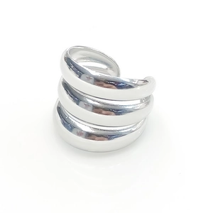 Close-up of polished silver multilayer stainless steel ring with smooth metallic finish