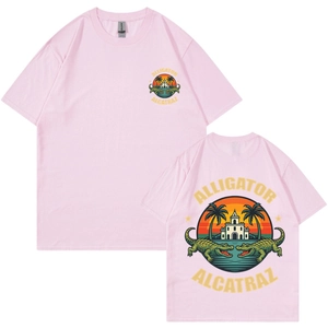 Pink crewneck t-shirt featuring vintage tropical alligator print on front and back