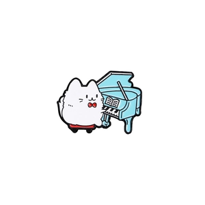 Cute white fluffy cat playing blue grand piano enamel pin for clothing and bags decoration