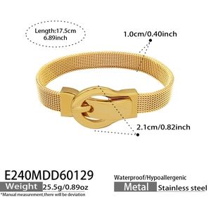 Detail of 17.5cm gold woven mesh bracelet in stainless steel with a belt buckle clasp