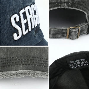 Washed denim baseball cap with 3D Search embroidery and adjustable metal buckle