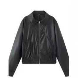 Women's minimalist black faux leather jacket with lapel collar and metal zipper closure
