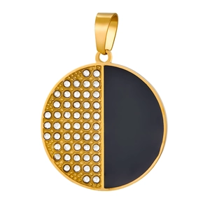 Detail of gold circular pendant with clear rhinestones and black enamel split design
