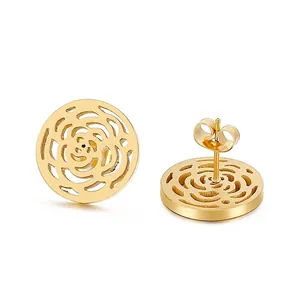 Round Hollow Rose Flower Four Leaf Clover Dragonfly Stud Earrings Stainless Steel Rhinestone Fashion Jewelry Women
