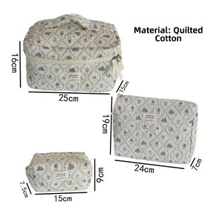 Three-piece quilted cotton cosmetic bag set with blue floral rabbit pattern and size specs