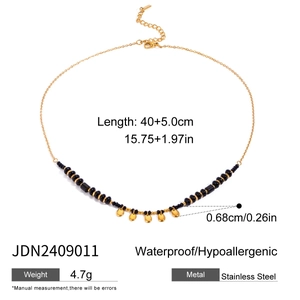 Detailed dimensions of gold stainless steel necklace with black beads and pendant details