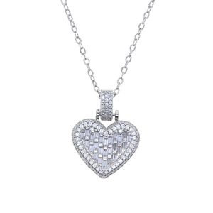 Detailed macro view of silver heart pendant with shimmering pave-set cubic zirconia stones