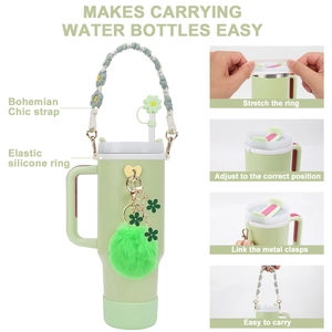 Detail showing installation steps for the bohemian chic water bottle strap and silicone ring
